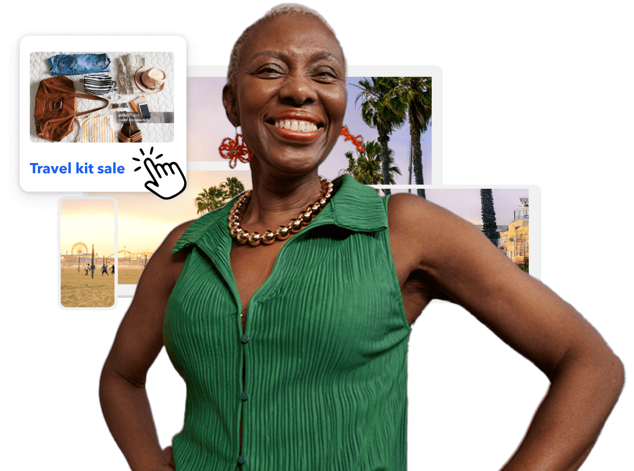 Smiling woman surrounded by overlapping travel images, including a "Travel kit sale" ad.